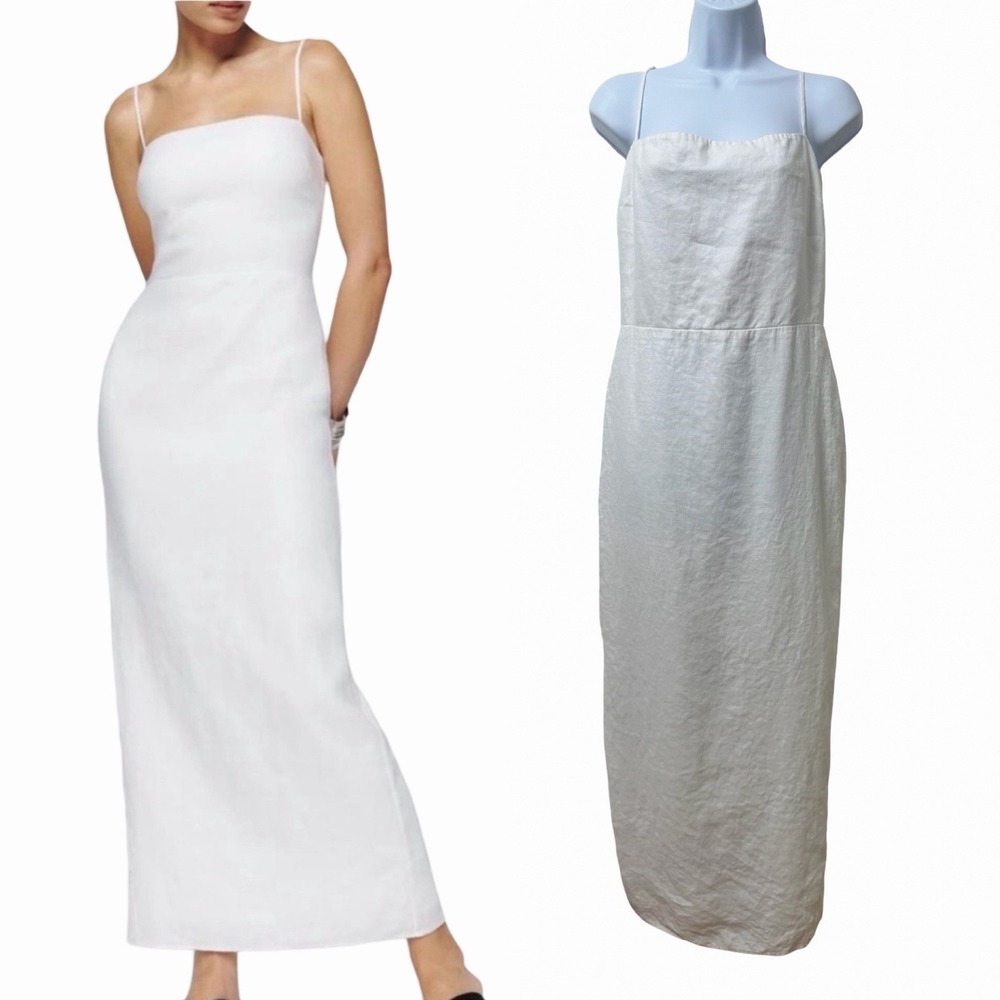 Reformation Frankie 100% Linen Fitted Maxi Dress Size 10 White Smocked Back Slit